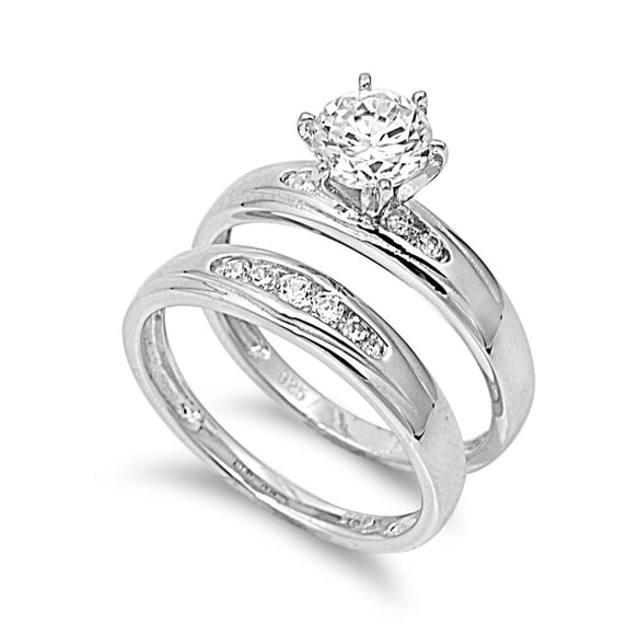 Round Center with Round Stones Cubic Zirconia Wedding Set Ring Sterling Silver 925