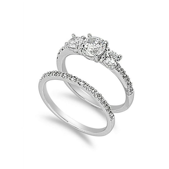Round Center with Round Stones Cubic Zirconia Wedding Set Ring Sterling Silver 925