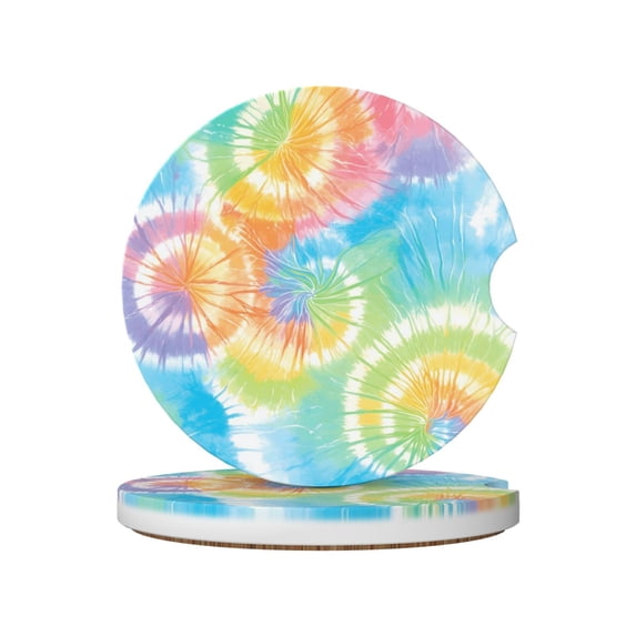 Round Ceramic Car Coasters 2 Pack Absorptive Clean Cork Bottom For Anti-Slip Use On Most Cars Lightseagreen Tie-Dye Background Vibrant Colors And Swirling
