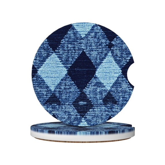 Round Ceramic Car Coasters 2 Pack Absorptive Clean Cork Bottom For Anti-Slip Use On Most Cars Argyle Plaid Deepskyblue_2