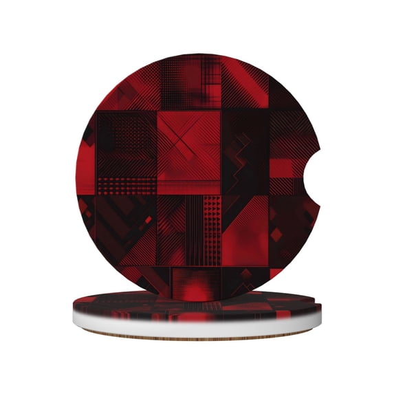 Round Ceramic Car Coasters 2 Pack Absorptive Clean Cork Bottom For Anti-Slip Use On Most Cars Darkred Geometric Patterns_2