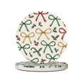 thumbnail image 1 of Round Ceramic Car Coasters 2 Pack Absorptive Clean Cork Bottom For Anti-Slip Use On Most Cars Festive Thin Holiday Ribbon Bow Pattern, 1 of 8