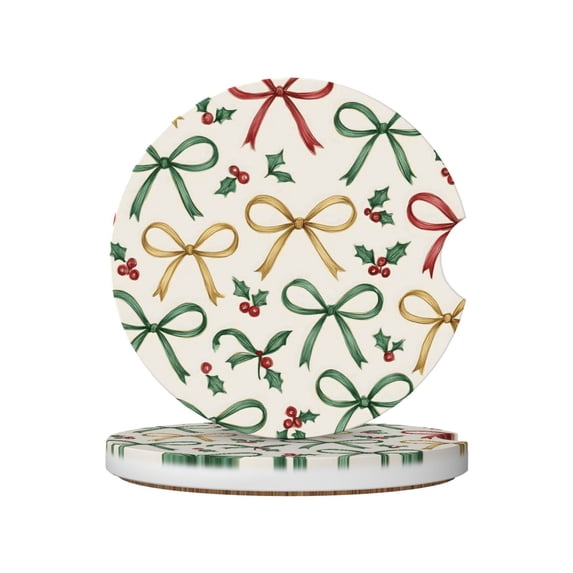 Round Ceramic Car Coasters 2 Pack Absorptive Clean Cork Bottom For Anti-Slip Use On Most Cars Festive Thin Holiday Ribbon Bow Pattern