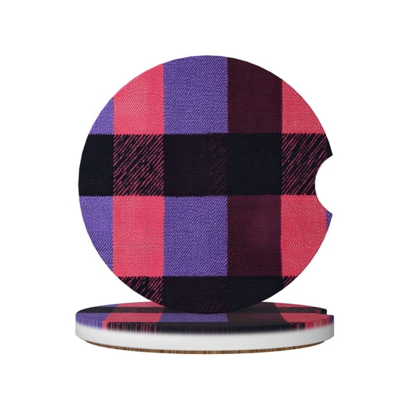 Round Ceramic Car Coasters 2 Pack Absorptive Clean Cork Bottom For Anti-Slip Use On Most Cars Palevioletred Buffalo Plaid Check Tartan Scotland_1