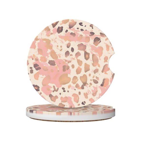 Round Ceramic Car Coasters 2 Pack Absorptive Clean Cork Bottom For Anti-Slip Use On Most Cars Rose Gold Foil Leopard Print_42