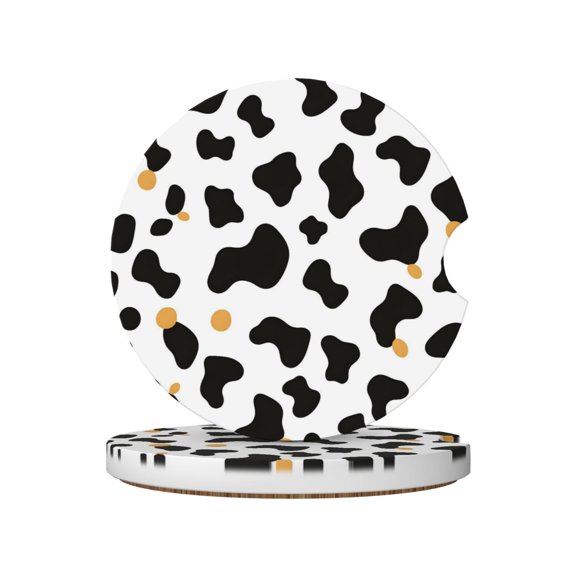 Round Ceramic Car Coasters 2 Pack Absorptive Clean Cork Bottom For Anti-Slip Use On Most Cars Simple Cow Print Pattern, Vector Art Style_2