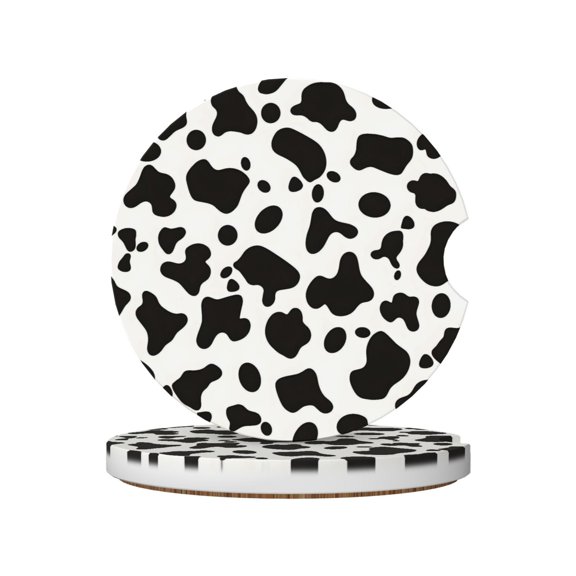 Round Ceramic Car Coasters 2 Pack Absorptive Clean Cork Bottom For Anti-Slip Use On Most Cars Simple Cow Print Pattern, Vector Art Style_3