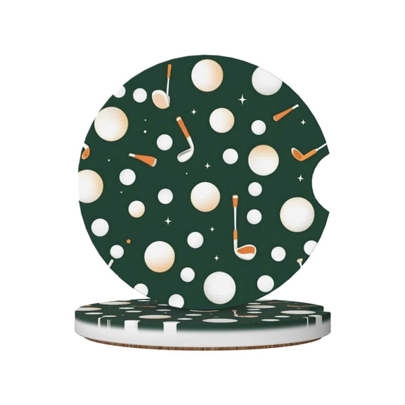 Round Ceramic Car Coasters 2 Pack Absorptive Clean Cork Bottom For Anti-Slip Use On Most Cars Smoothly Seamless Golf Pattern