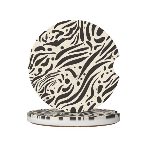 Round Ceramic Car Coasters 2 Pack Absorptive Clean Cork Bottom For Anti-Slip Use On Most Cars Zebra Skin Print Style Saddlebrown_1
