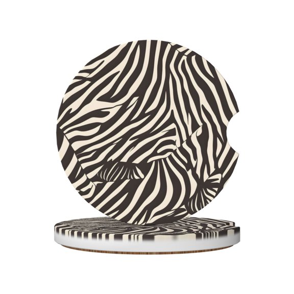 Round Ceramic Car Coasters 2 Pack Absorptive Clean Cork Bottom For Anti-Slip Use On Most Cars Zebra Skin Print Style Saddlebrown_4