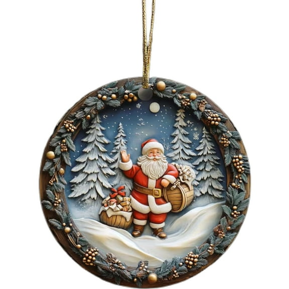 Round Ceramic Christmas Ball, Santa Face Printed Ornament, Festive Tree Hanging Decoration with Lanyard, for Indoor Holiday Decor