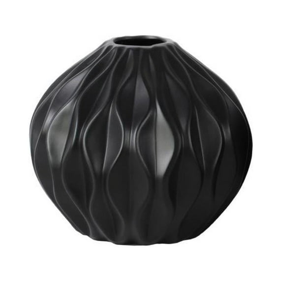 Benzara Round Ceramic Low Vase With Embossed Wave Design, Matte Black