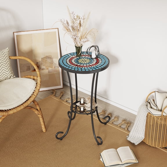 Round Ceramic Outdoor Side Table, Colorful Tile Top, Black Frame