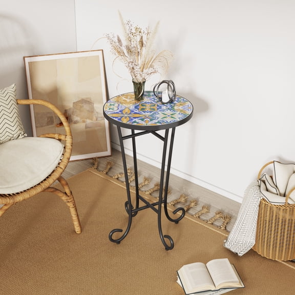 Round Ceramic Outdoor Side Table, Colorful Tile Top, Black Frame
