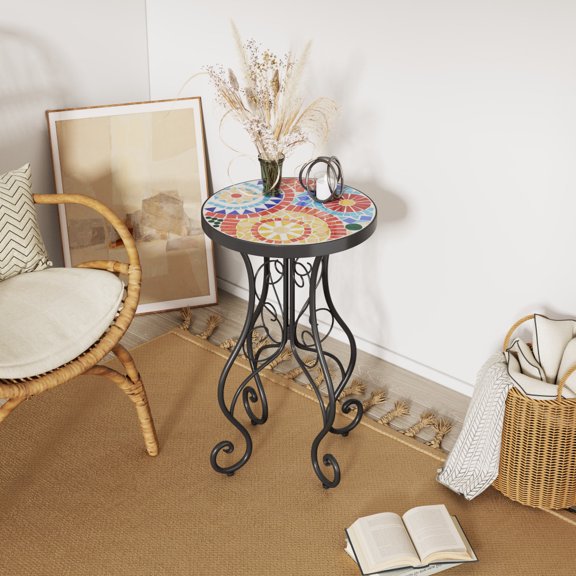 Round Ceramic Outdoor Side Table, Colorful Tile Top, Black Frame
