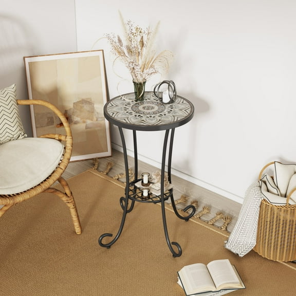 Round Ceramic Outdoor Side Table, Colorful Tile Top, Black Frame
