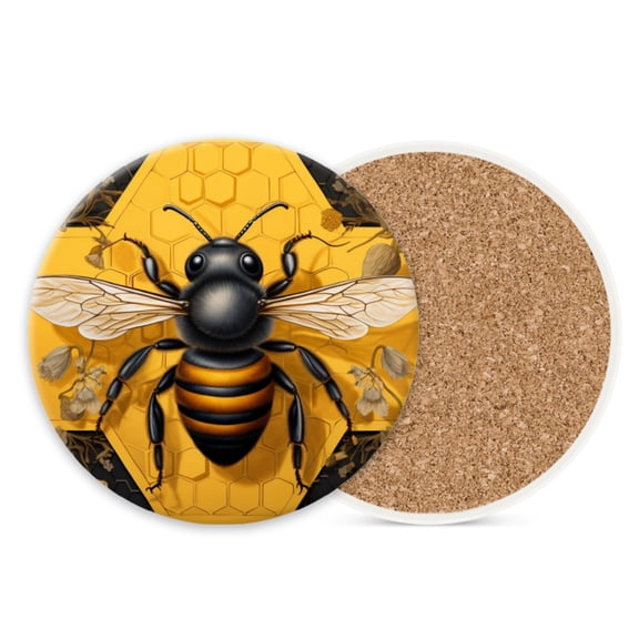 Round Ceramic Stone Cork Drink Coasters, Bee on Honeycomb Pattern Absorbent Removable Non-Slip Cup Mat Place for Kitchen Counter Drinks Coffee Cup Tableware Set of 1 (4*4 Inch)