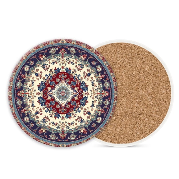 Round Ceramic Stone Cork Drink Coasters, Boho Flowers Pattern Absorbent Removable Non-Slip Cup Mat Place for Kitchen Counter Drinks Coffee Cup Tableware Set of 1 (4*4 Inch)