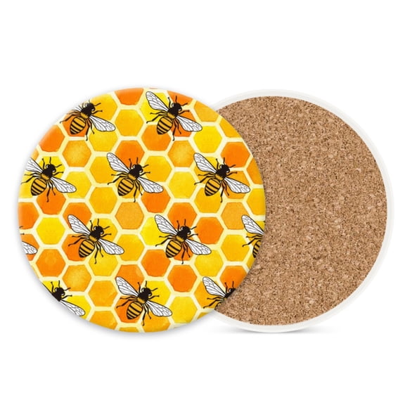 Round Ceramic Stone Cork Drink Coasters, Bunch of Bees on Honeycomb Absorbent Removable Non-Slip Cup Mat Place for Kitchen Counter Drinks Coffee Cup Tableware Set of 1 (4*4 Inch)
