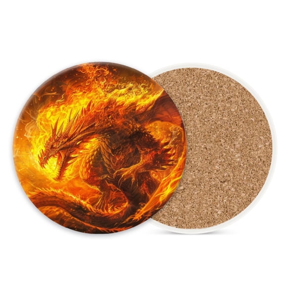 Round Ceramic Stone Cork Drink Coasters, Fantasy Enormous Majestic Dragon of Fire Absorbent Removable Non-Slip Cup Mat Place for Kitchen Counter Drinks Coffee Cup Tableware Set of 1 (4*4 Inch)