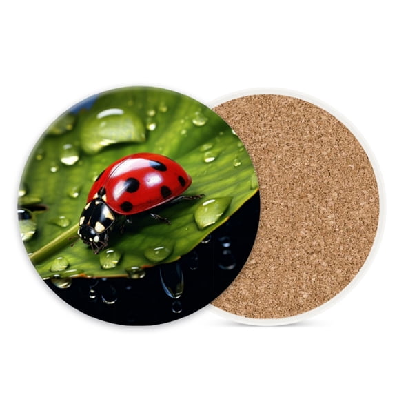 Round Ceramic Stone Cork Drink Coasters, Red Beetle on Dripping Green Leaves Absorbent Removable Non-Slip Cup Mat Place for Kitchen Counter Drinks Coffee Cup Tableware Set of 1 (4*4 Inch)