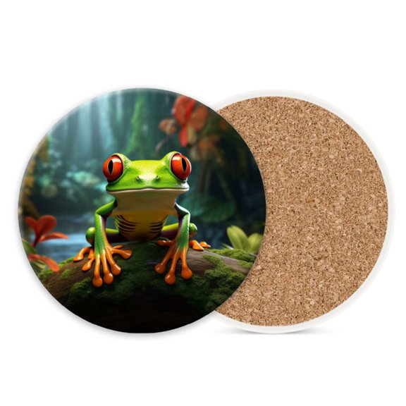 Round Ceramic Stone Cork Drink Coasters, Red-Eyed Tree Frog on Mossy Log Absorbent Removable Non-Slip Cup Mat Place for Kitchen Counter Drinks Coffee Cup Tableware Set of 1 (4*4 Inch)