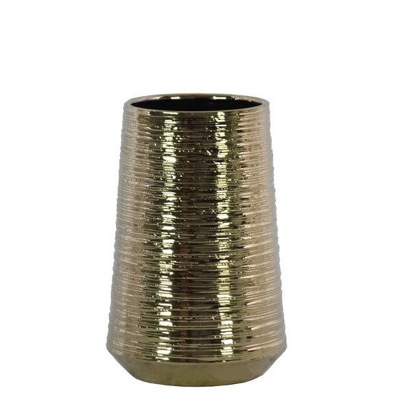 Benzara Round Ceramic Vase With Combed Design, Medium, Gold