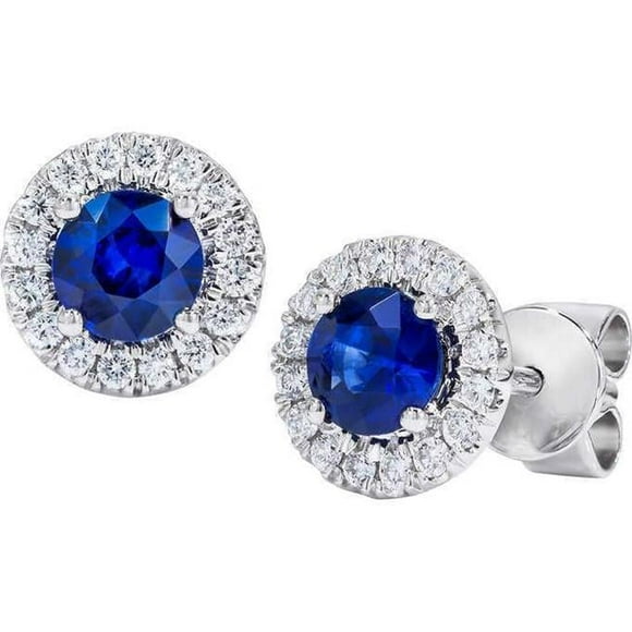 Round Ceylon Sapphire 4.60 CT Stud Earring, 14K White Gold