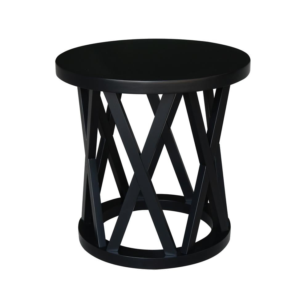 24" Black Solid Wood Round End Table with Geometric Base