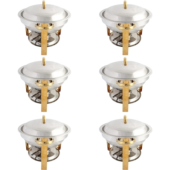Round Chafing Dish, 4 Qt Stainless Steel Gold Catering Buffet Warming Container Set With Food Pan, Water Pan, Lid, Frame And Fuel Holder, Pack Of 6