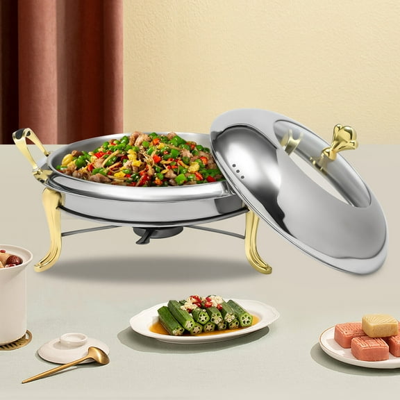 Round Chafing Dish Buffet Warmer with Zinc Alloy Handles, Alcohol Fuel, and Clear Lid, 2.5L Capacity for Restaurants, Events, and Family Gatherings