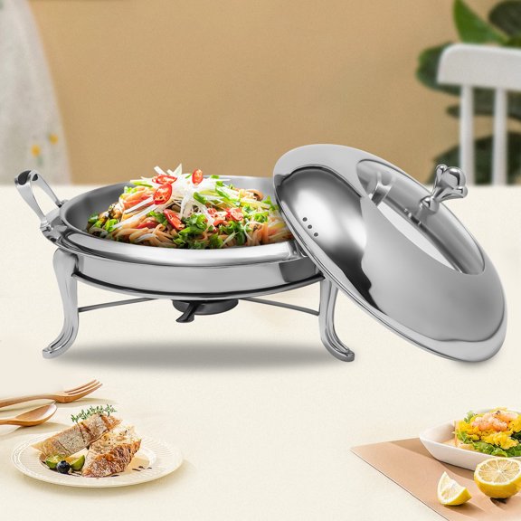 Round Chafing Dish with Fuel Holder – 2.5L Capacity, Stainless Steel Buffet Warmer, Portable, Easy To Clean, Includes Lid & Handle – Ideal for Banquets, Family Gatherings, and Restaurants
