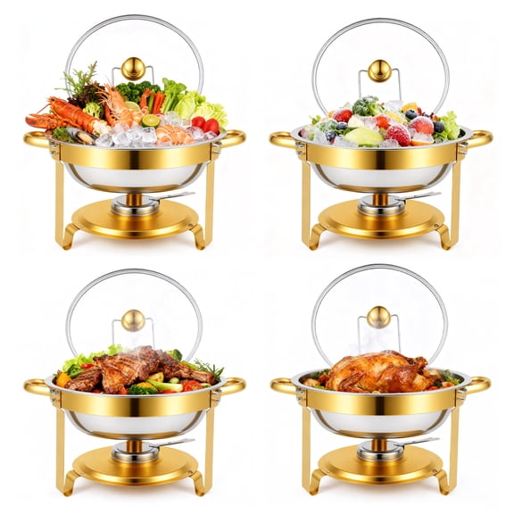Round Chafing Dishes for Buffet 5 Qt, High Grade Chafing Dish Buffet Set, Full Size Pan, Rolled-Edge Design Food Warmers for Parties,Buffet,Wedding,Birthday,Camping 4 PACK