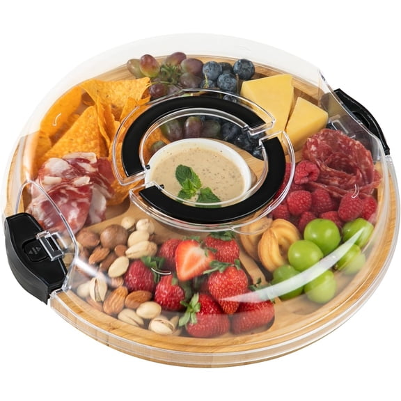 Round Charcuterie Board with Lid,Travel Picnic Portable Cheese Board with Lid,Serving Tray Platter with Five Compartment,House Warming Gifts for New Home,Black