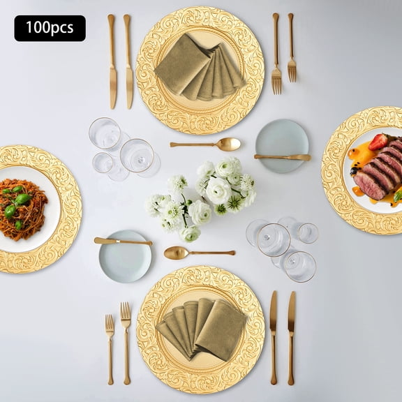 Round Charger Plates, Reusable Serving Plates, 100 Pcs Reef Charger Plates Bulk, 13'' Plastic Embossed Dinner Round Floral Plate for Wedding Party, Holiday Event Supplies (Gold)