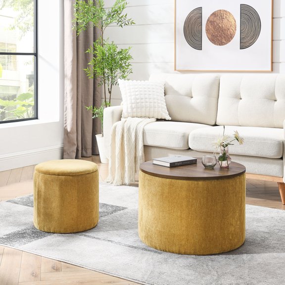 Round Chenille 2-Piece Storage Ottoman with Hidden Compartment / Ideal for Living Room Storage and Comfort