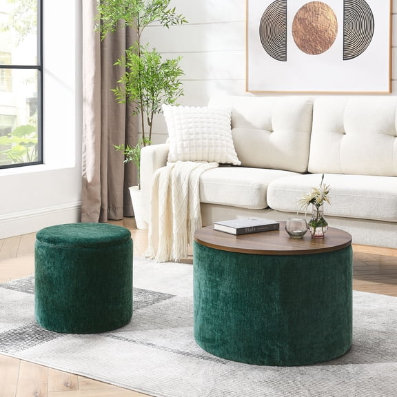 Round Chenille Storage Footstool | Can Be Used in Hotel, Apartment Living Areas | Chenille and MDF Combination for Softness | Hides Shoes, Spare Items Efficiently