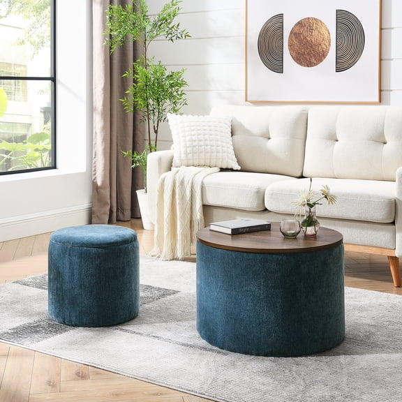 Round Chenille Storage Footstool with Soft Seat and MDF Panel - Great for Organizing Home Items