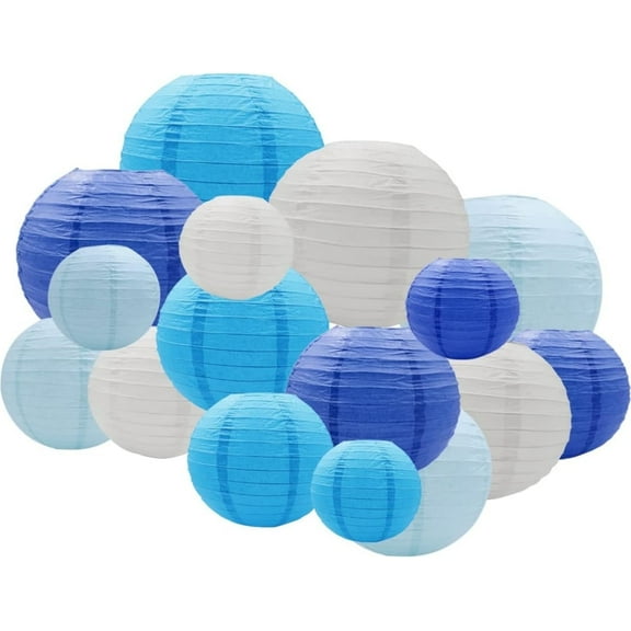 Round Chinese Paper Lantern, 16pcs Paper Lanterns Decorative, Hanging Paper Lanterns Decoration for Weddings, Graduation, Birthdays, Parties and Events, Assorted Sizes (Color: Blue/White)