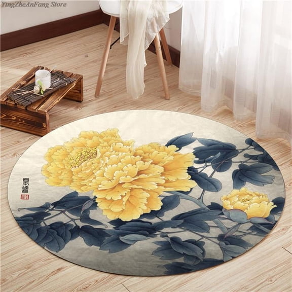 Round Chinese Style Lotus Carpet Chinese Painting Art Printed Rugs Living Room Bedroom r Carpet Bedside Non-slip Floor Mat