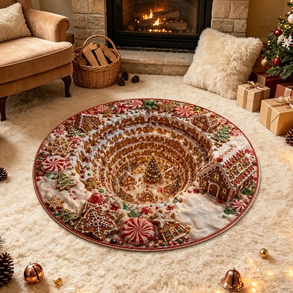 Round Christmas 3D Visual Effect Doormat – 23.62in Non-Slip Absorbent Entryway Mat, Stain Resistant Polyester, Holiday Welcome Mat