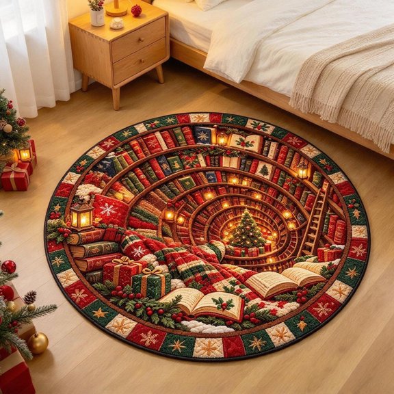 Round Christmas 3D Visual Effect Rug, 39.4"x39.4" Optical Illusion Floor Mat With Blanket Bookroom Print, Circular Holiday Decor Piece For Sofa Side, Bedroom And Balcony Home Styling
