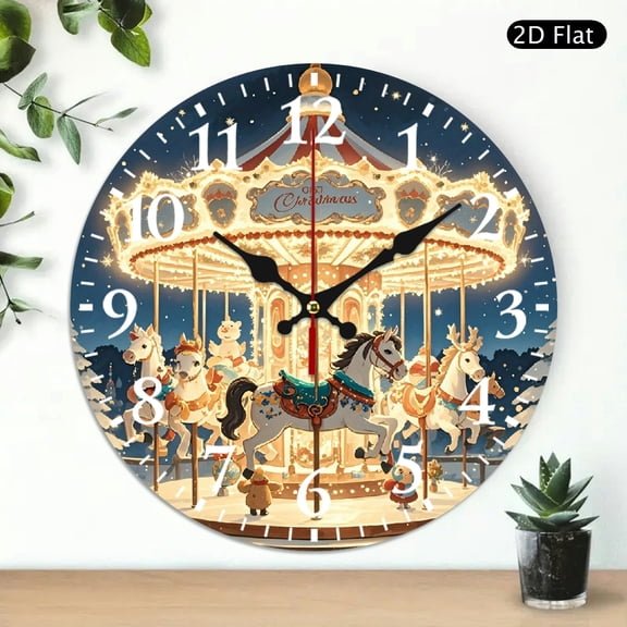 Round Christmas Carousel Wall Clock, Festive Merry-Go-Round Home Decor, Silent Digital Timepiece, 10x10 Inch, 1pc, Battery Not Included