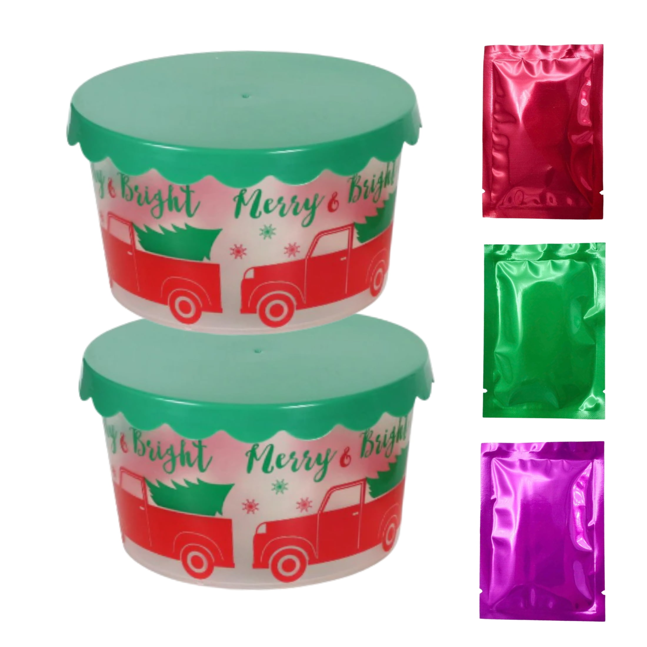 Round Christmas Containers Plastic Food Storage with Lids (2.75x4) Merry  and Bright Printed Tubs Cookies Candies Gift Canister Party Favor Home  Table Decor Pack of 2 w/ Bonus Snoep in Beperkte Oplage 