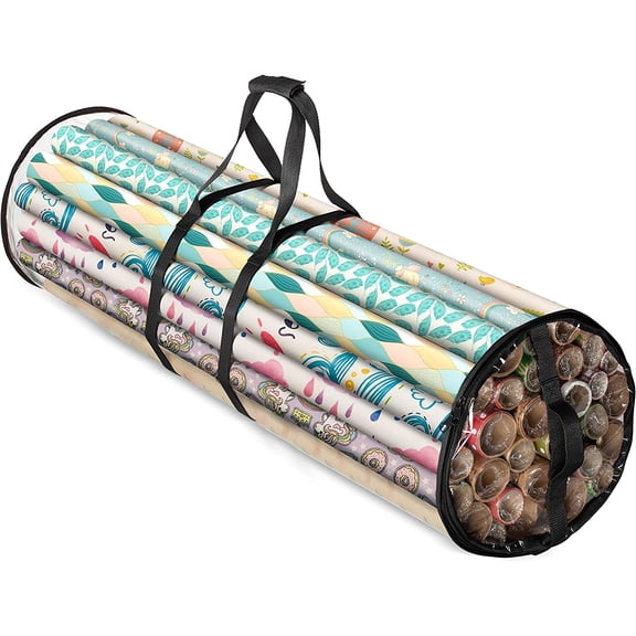 Round Christmas Gift Wrapping Paper Organizer Storage - 40 Inch Containers - Wrapping Paper Holder, Clear PVC Waterproof, Fits 25 Standard Rolls - Black