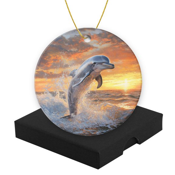 Round Christmas Ornament Ceramic Keepsake Holiday Christmas Decoration 2.95in - Dolphin Leaping in The Sea At Sunset Oil Painting
