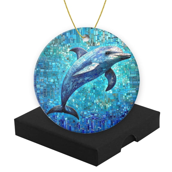 Round Christmas Ornament Ceramic Keepsake Holiday Christmas Decoration 2.95in - Dolphin in Blue Mosaic Art