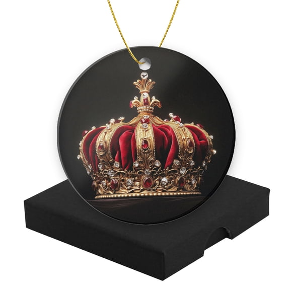 Round Christmas Ornament Ceramic Keepsake Holiday Christmas Decoration 2.95in - Gorgeous Crown With Diamonds And Rubies