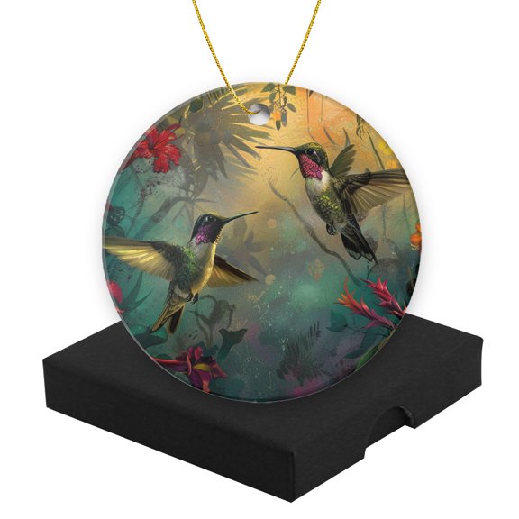 Round Christmas Ornament Ceramic Keepsake Holiday Christmas Decoration 2.95in - Hummingbirds Navigating Through A Flowering Paradise