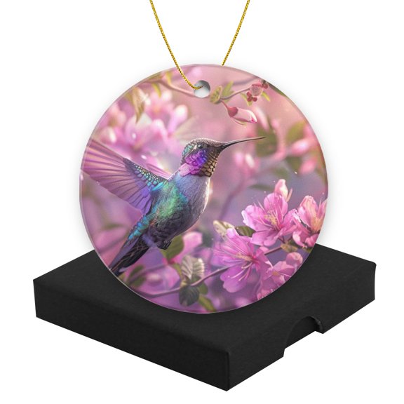 Round Christmas Ornament Ceramic Keepsake Holiday Christmas Decoration 2.95in - Pink Flowering Twigs And The Glistening Hummingbird